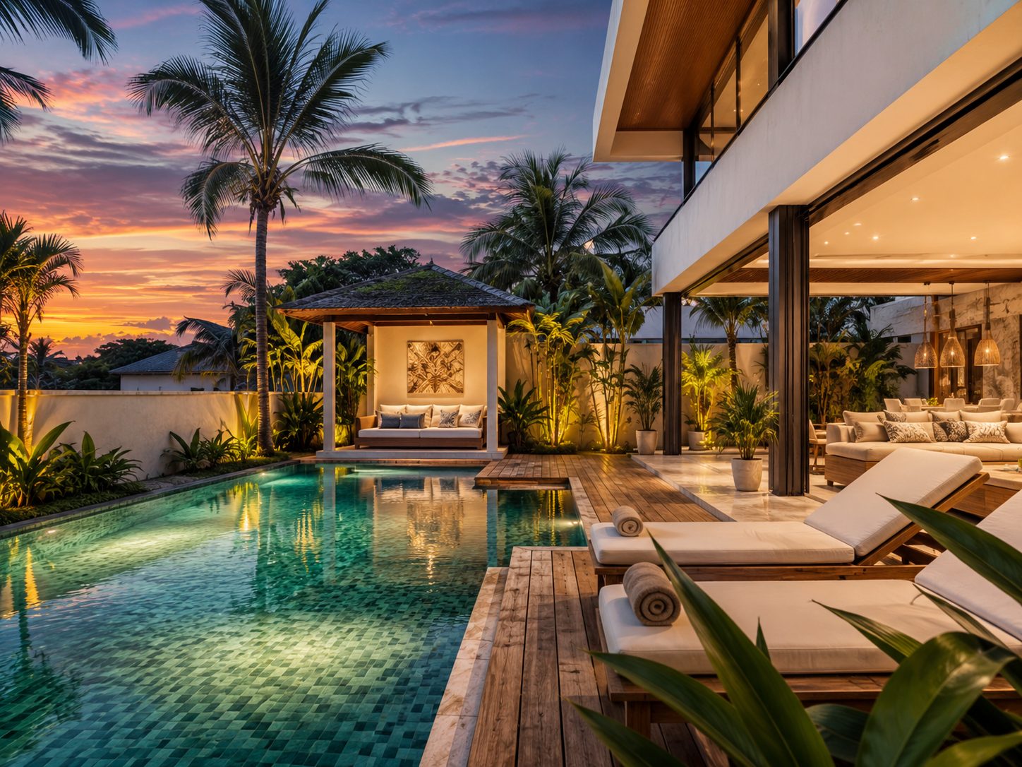 Villa avec piscine à Seminyak au crépuscule